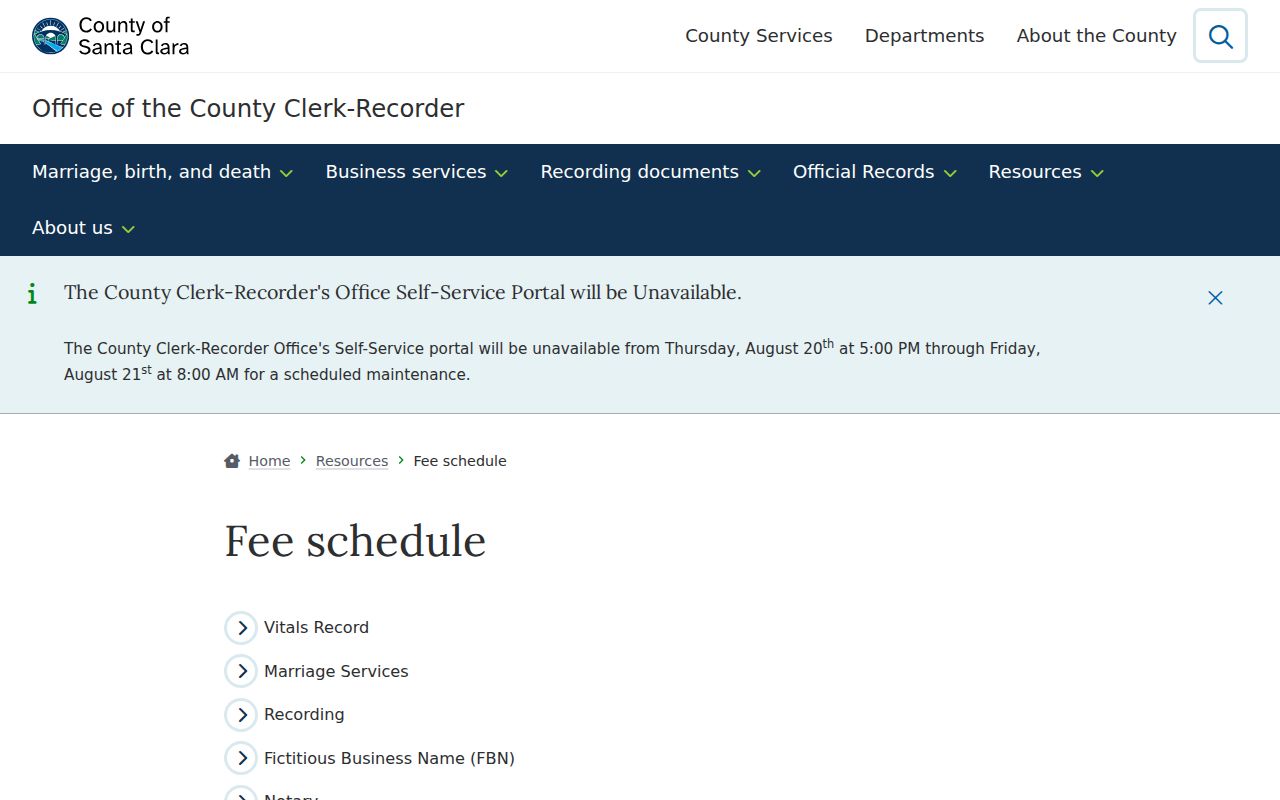 Saratoga previous residents Clerk-Recorder fee schedule research