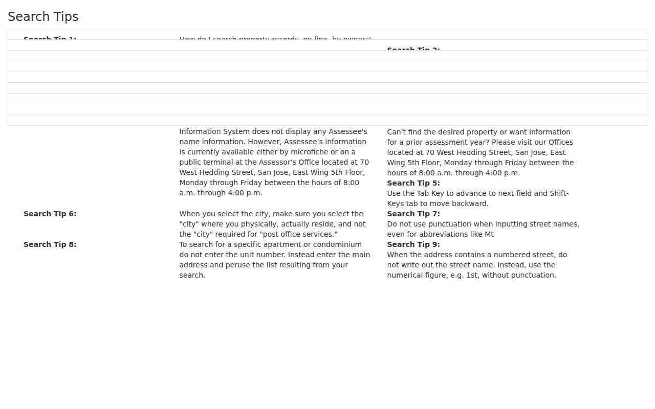 Saratoga street directory Assessor address and APN search fields