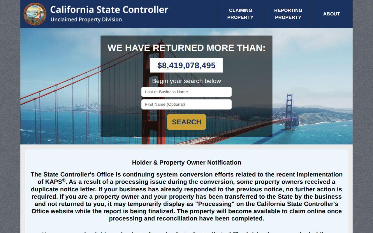 Saratoga ZIP directory research: California unclaimed property search